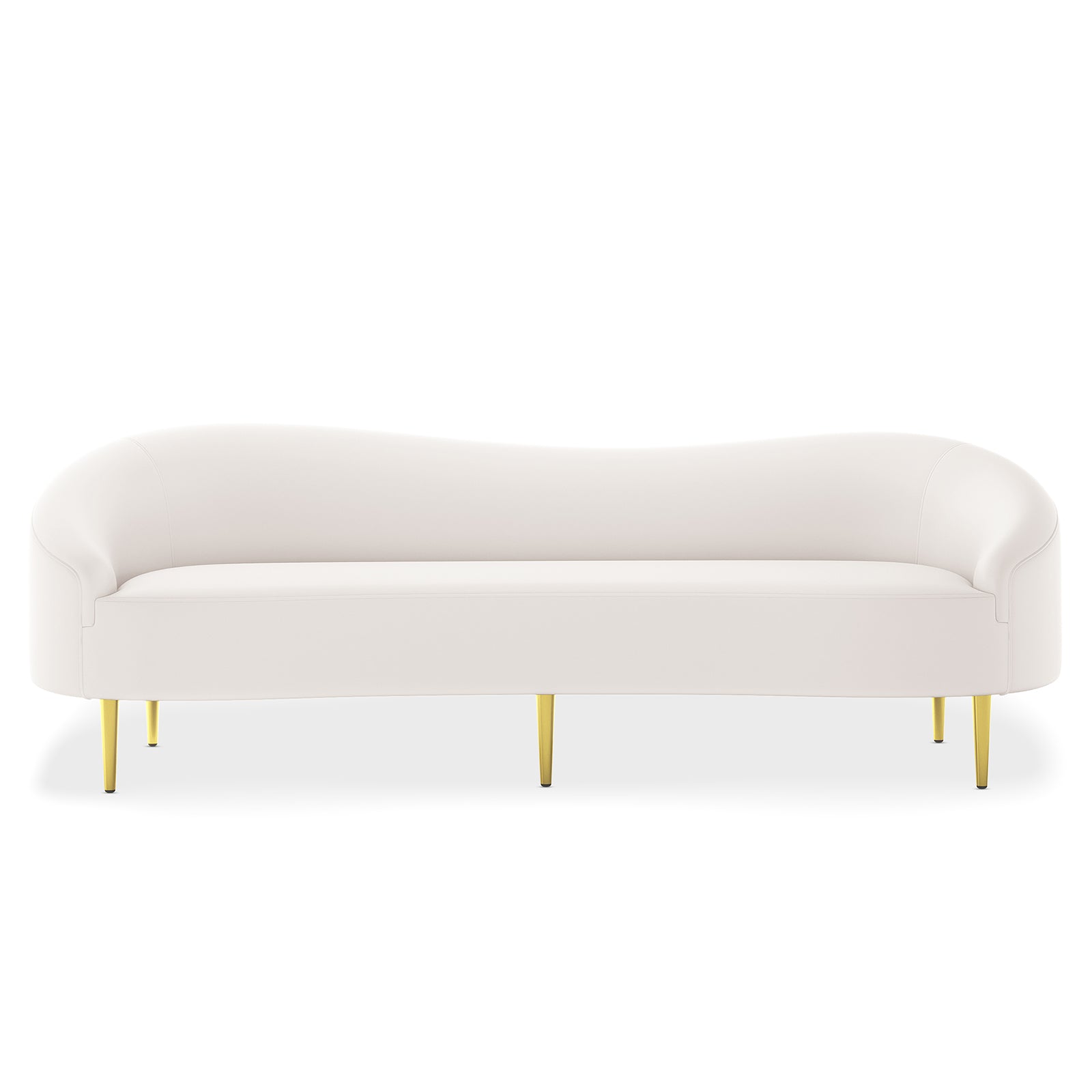Prima 3 Seater Velvet Sofa in Cream with gently curved design, upholstered in soft fabric, featuring five slender brass-finished metal legs, offering a modern and elegant addition to any living room.