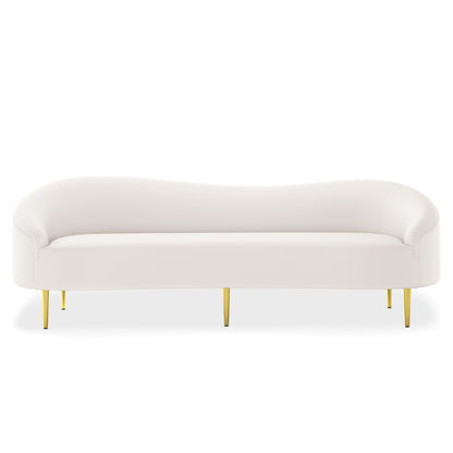 Prima 3 Seater Velvet Sofa in Cream with gently curved design, upholstered in soft fabric, featuring five slender brass-finished metal legs, offering a modern and elegant addition to any living room.