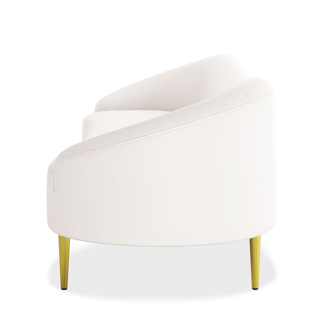 Prima 3 Seater Velvet Sofa in Cream with a modern curved-back design, upholstered in sleek fabric, featuring smooth wraparound backrest and gold-tone tapered metal legs for a contemporary look.