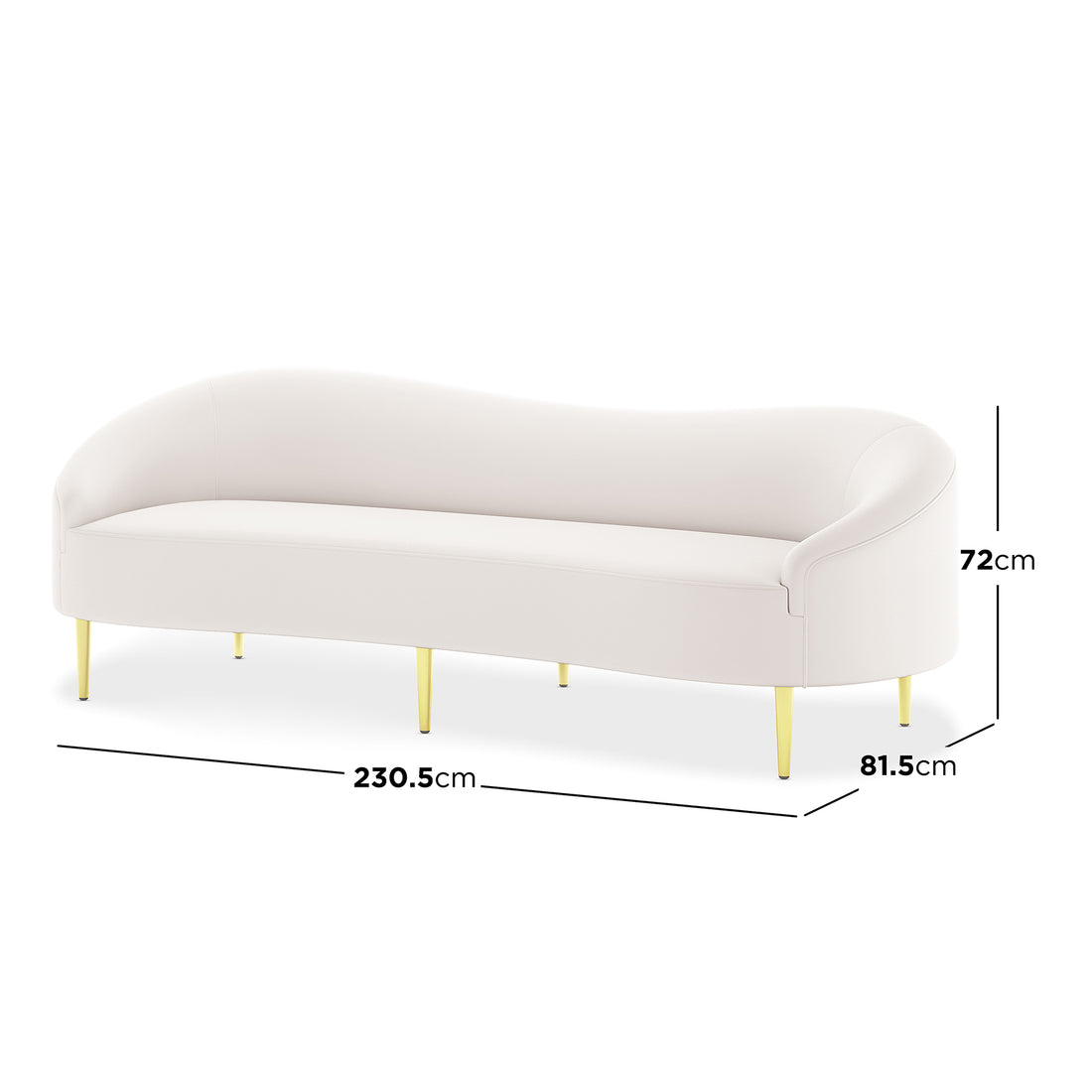 Prima 3 Seater Velvet Sofa in Cream, featuring a modern curved design, light ivory upholstery, and six slender gold metal legs, with dimensions of 230.5 cm width, 81.5 cm depth, 72 cm height.