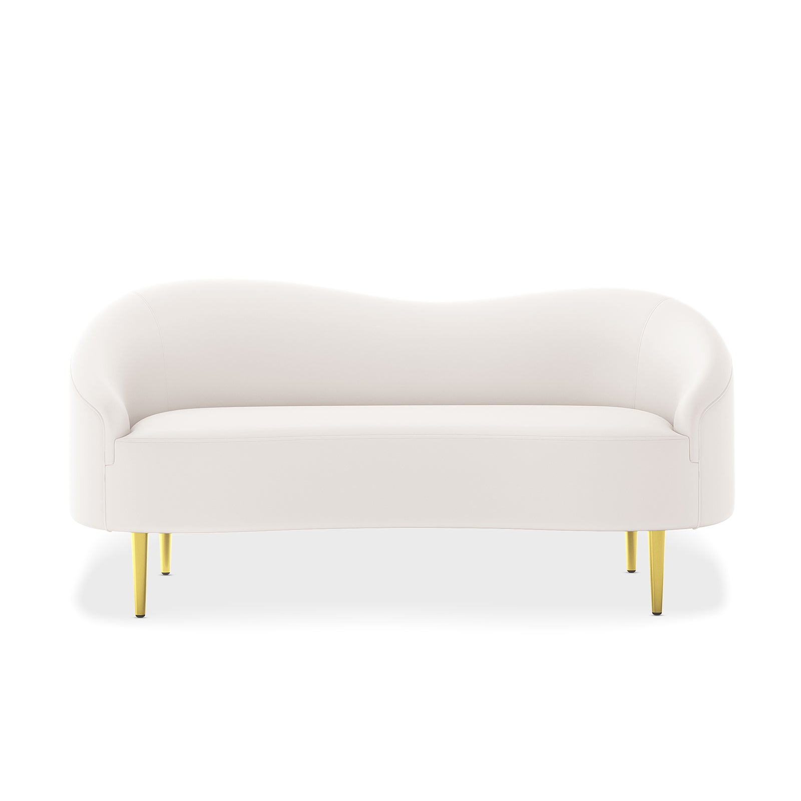 Prima 2 Seater Velvet Sofa in Cream, featuring a wave-shaped back, light fabric, and slim gold-tapered legs, set against a plain white background, showcasing modern elegance and comfort.