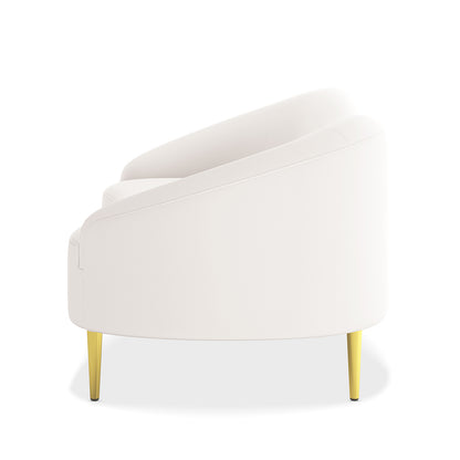 Prima 2 Seater Velvet Sofa in Cream features a modern barrel-style design with a smooth, curved back and armrest, supported by slender, polished gold metal legs for an elegant look.