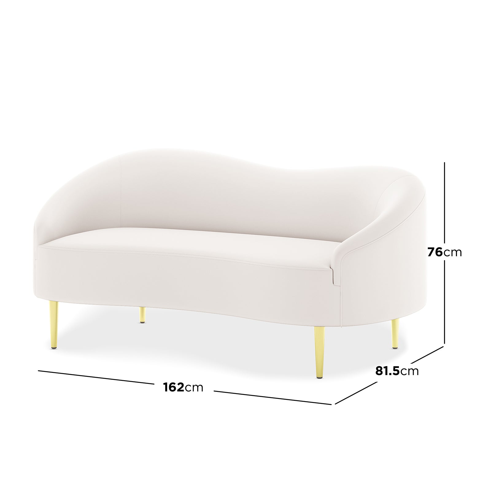Prima 2 Seater Velvet Sofa in Cream with curved back and arms, slender gold-toned metal legs, upholstered in luxurious velvet, dimensions shown: 162 cm wide, 81.5 cm deep, 76 cm high.