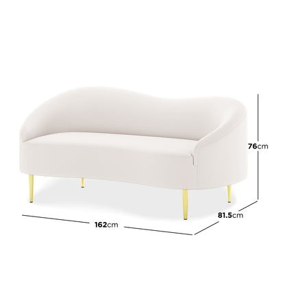 Prima 2 Seater Velvet Sofa in Cream with curved back and arms, slender gold-toned metal legs, upholstered in luxurious velvet, dimensions shown: 162 cm wide, 81.5 cm deep, 76 cm high.