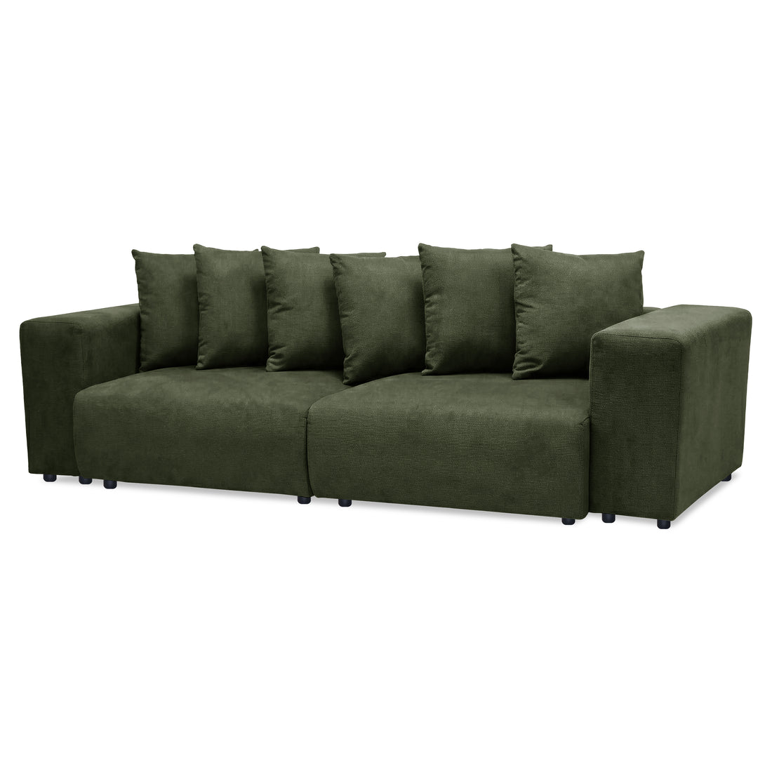 Dark green upholstered sofa on white background showing full product