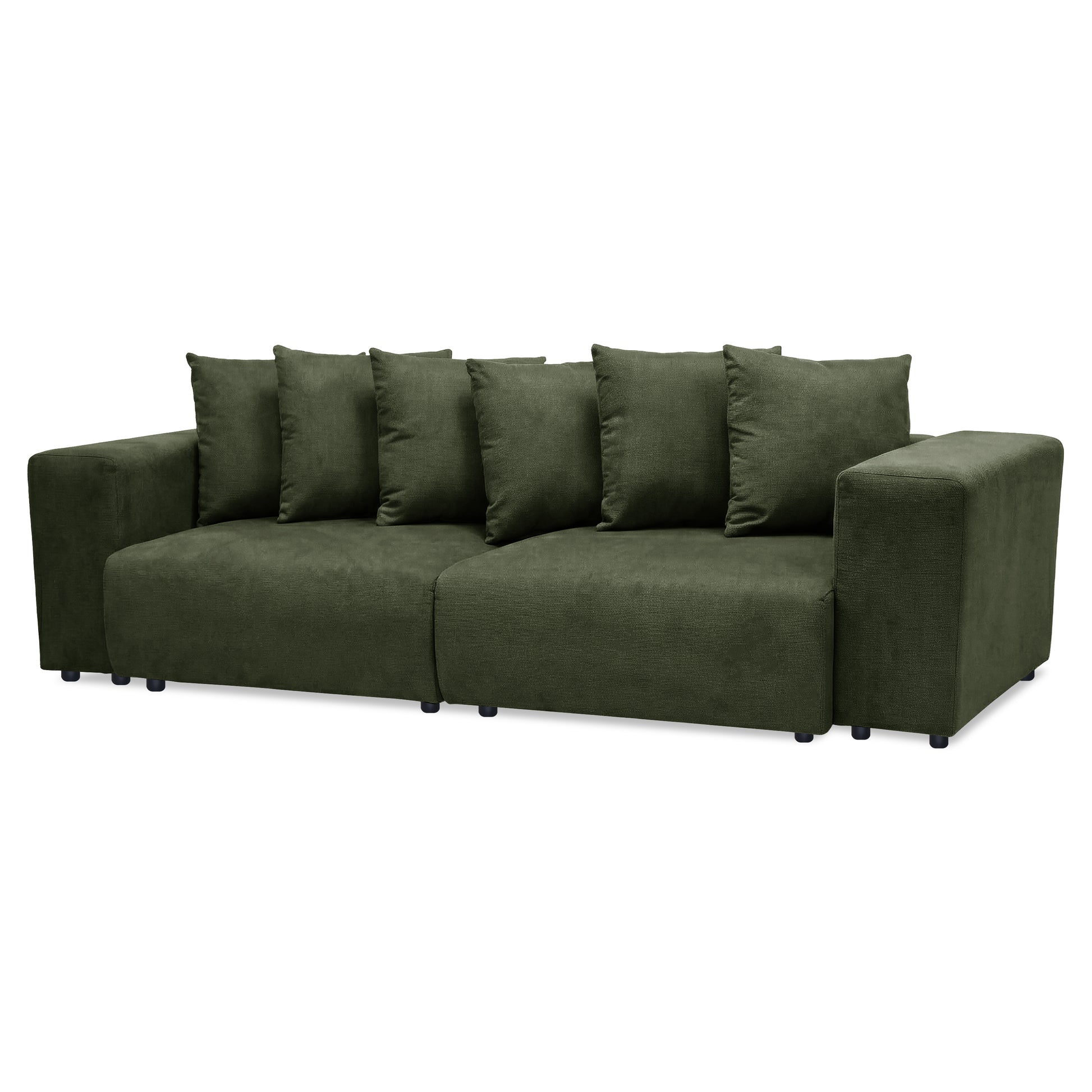 Dark green upholstered sofa on white background showing full product