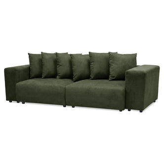 Dark green upholstered sofa on white background showing full product