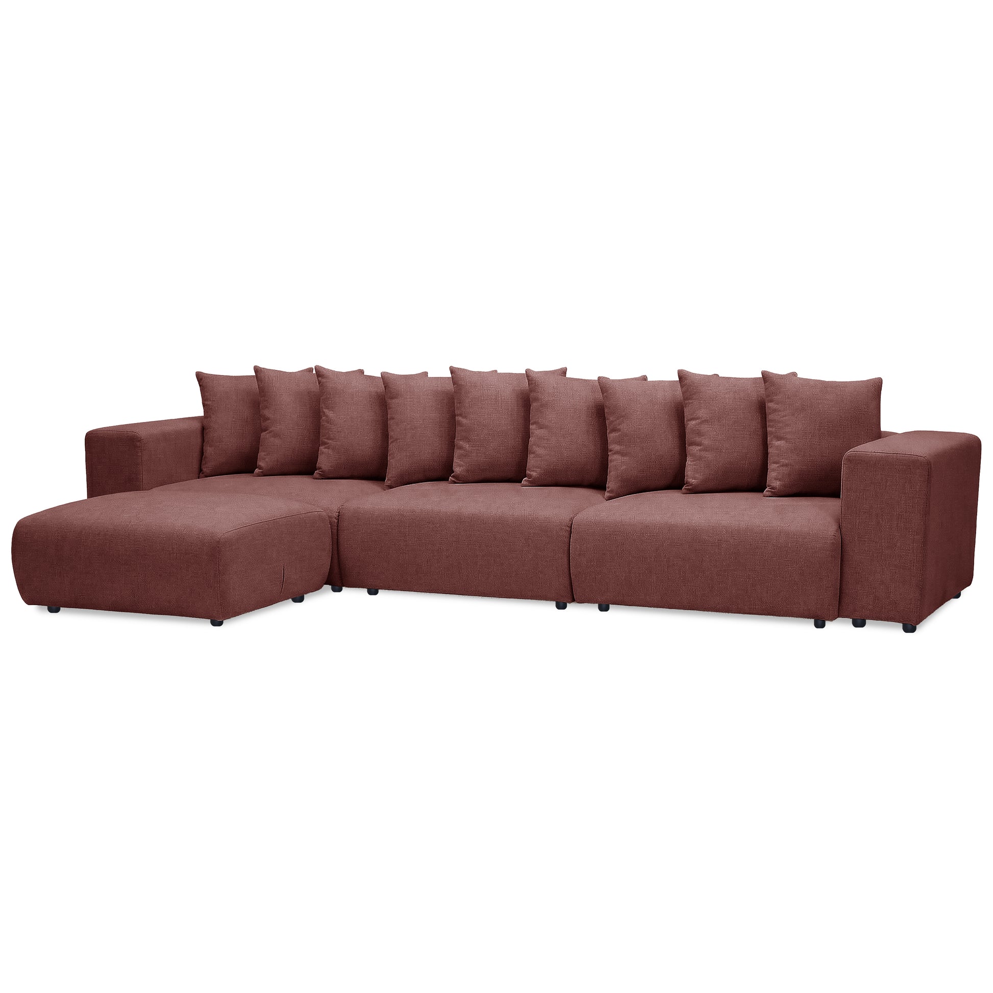 Deep reddish-brown sectional sofa with chaise on white background