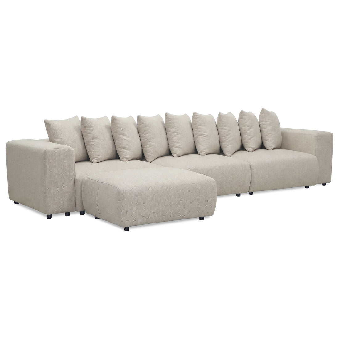 Large modern sectional sofa set with matching ottoman on white background