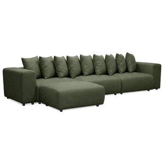 Modern olive green sectional sofa with ottoman on white background