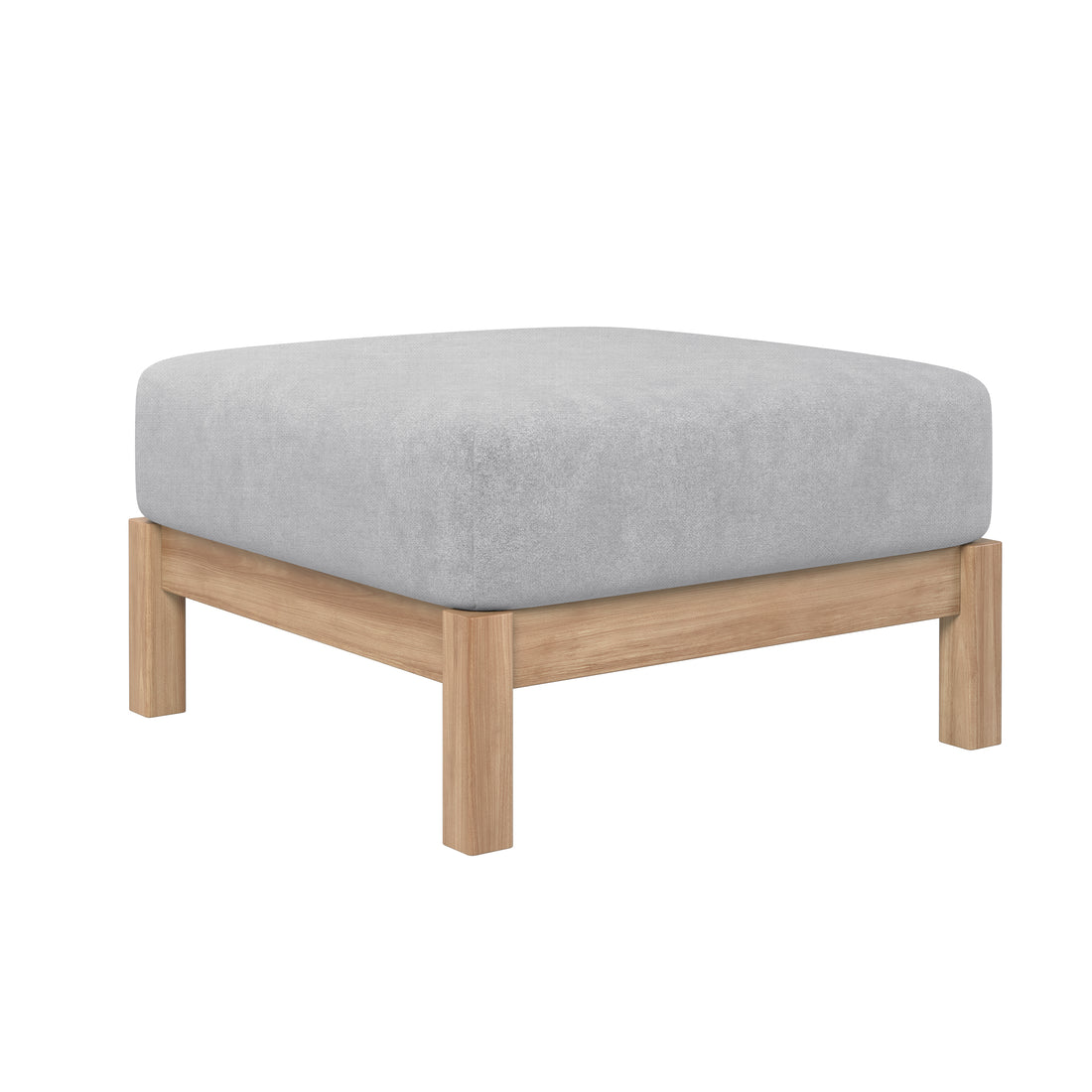 Raylai Hardwood American Oak Ottoman in Grey Fabric, featuring a light gray upholstered cushion on a natural-wood frame with short square legs. Ideal for enhancing comfort and style in any room.