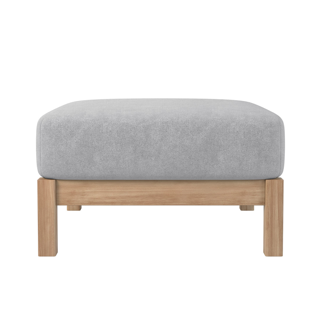 Raylai Hardwood American Oak Ottoman in Grey Fabric, featuring a low, square upholstered cushion on a natural-finish wooden frame with four straight legs, offering modern style and comfort.