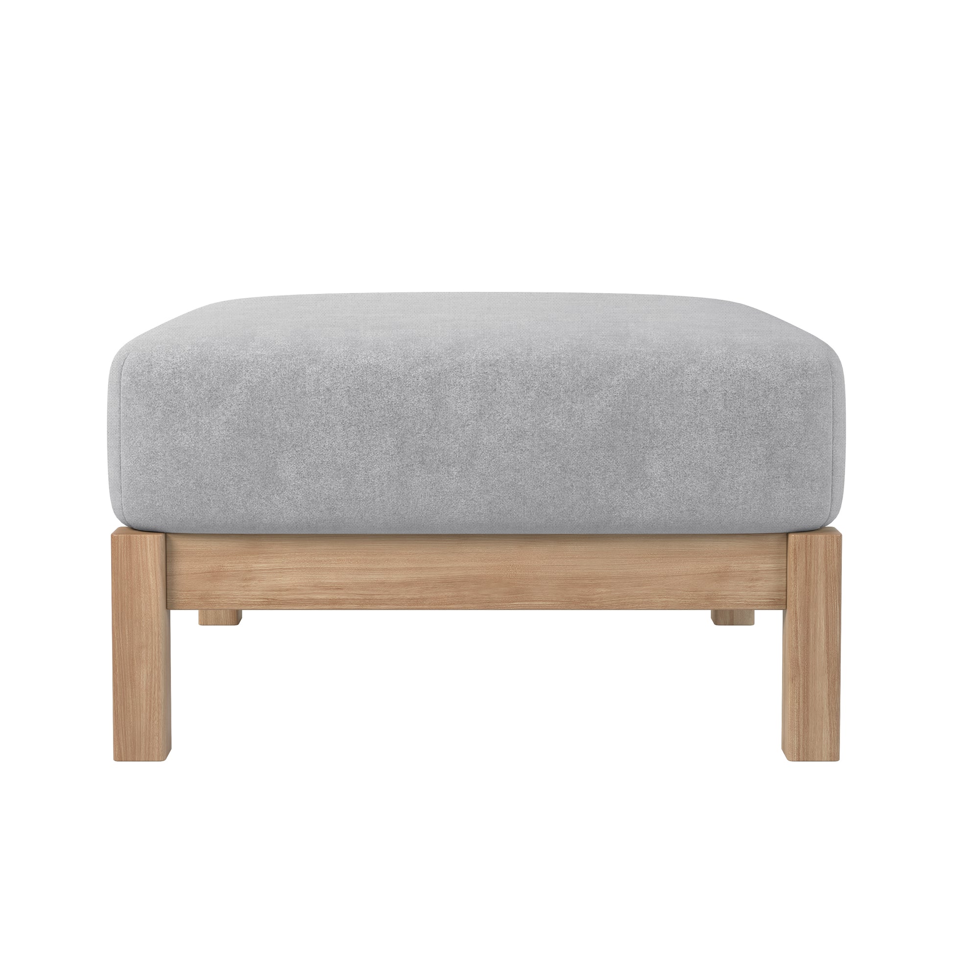 Raylai Hardwood American Oak Ottoman in Grey Fabric, featuring a low, square upholstered cushion on a natural-finish wooden frame with four straight legs, offering modern style and comfort.