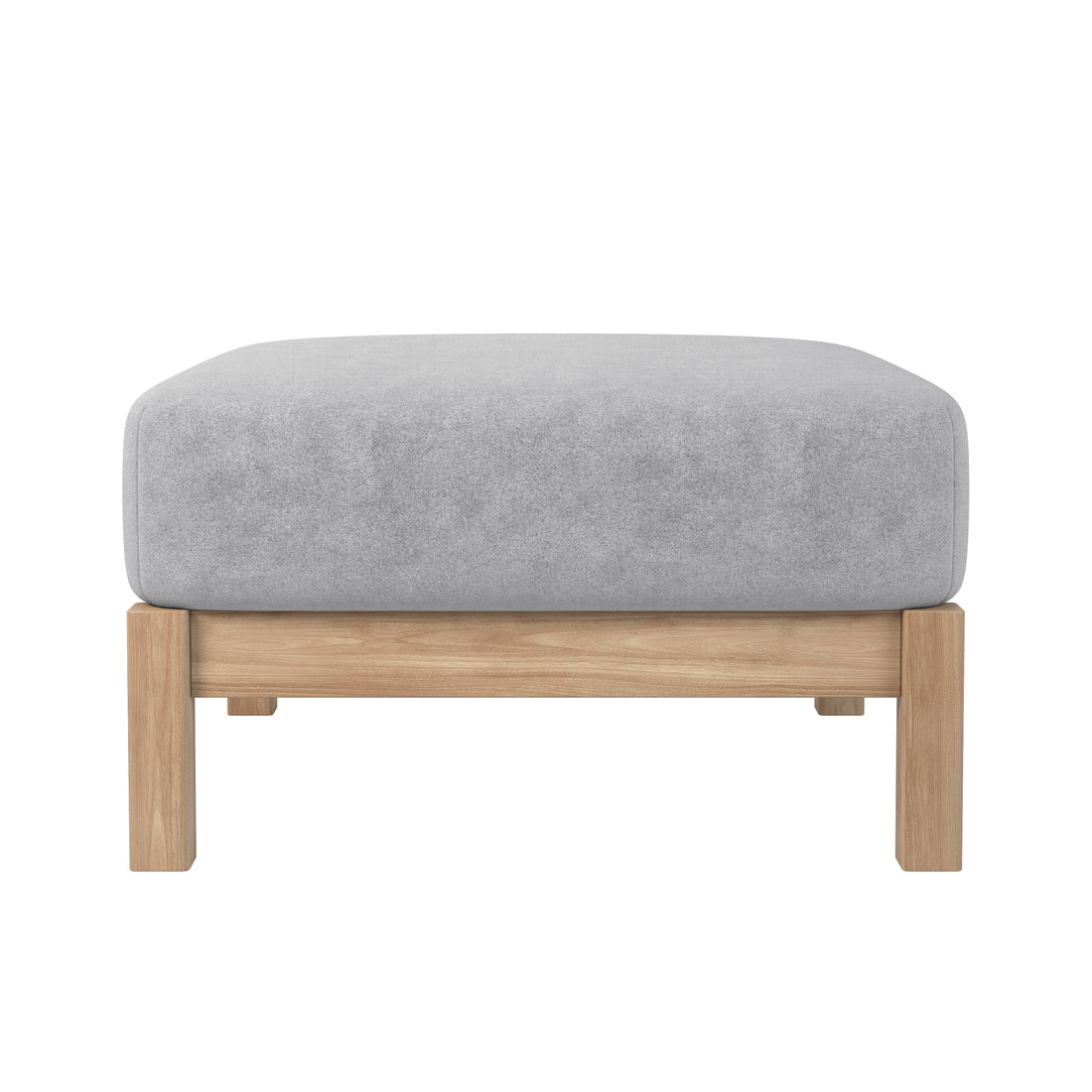 Raylai Hardwood American Oak Ottoman in Grey Fabric, featuring a light grey upholstered cushion on a natural-finished wooden frame with four straight legs, offering modern style and comfort.