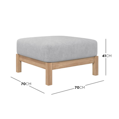 Raylai Hardwood American Oak Ottoman in Grey Fabric, featuring a light-grey cushion on a natural-wood frame with dimension lines showing 70 cm width, 70 cm depth, and 41 cm height.