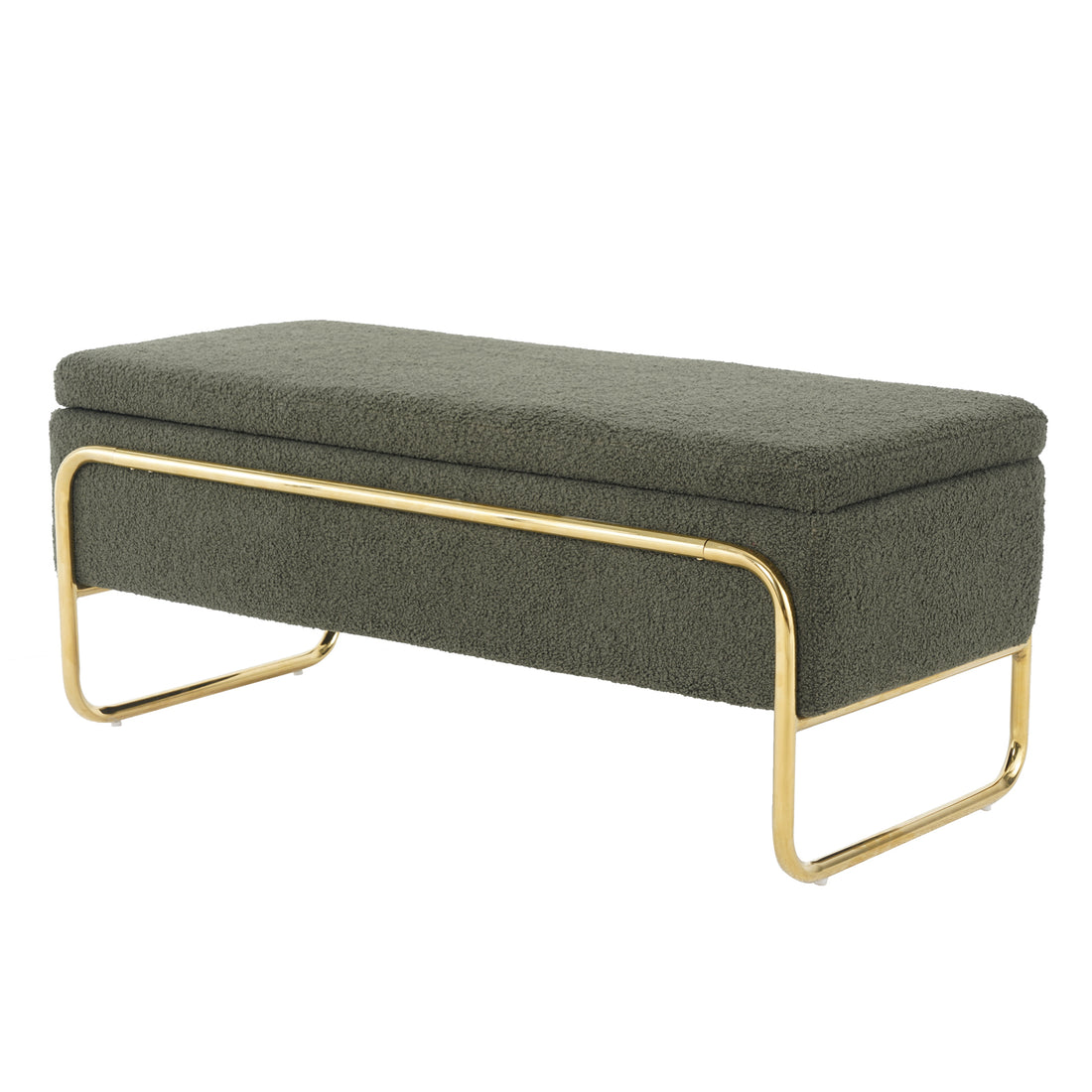 Riane Boucle Storage Ottoman in Green: A modern rectangular ottoman with olive-green bouclé fabric, padded top, and gold-metal frame, featuring hidden storage and contemporary design for stylish functionality.