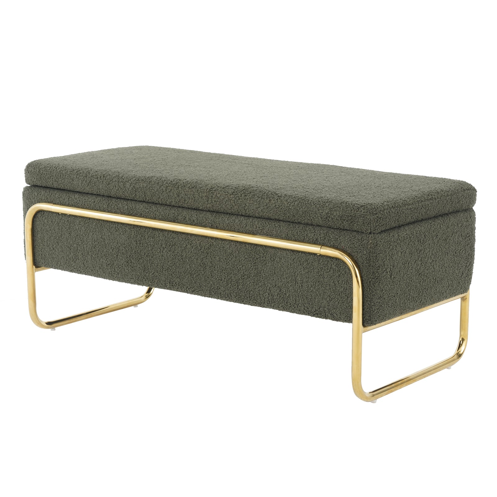 Riane Boucle Storage Ottoman in Green: A modern rectangular ottoman with olive-green bouclé fabric, padded top, and gold-metal frame, featuring hidden storage and contemporary design for stylish functionality.