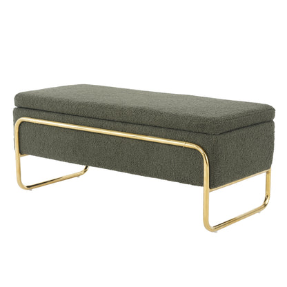 Riane Boucle Storage Ottoman in Green: A modern rectangular ottoman with olive-green bouclé fabric, padded top, and gold-metal frame, featuring hidden storage and contemporary design for stylish functionality.