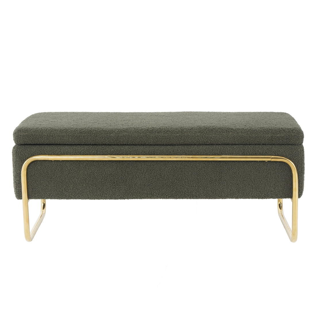 Riane Boucle Storage Ottoman in Green, featuring a muted olive/gray boucle fabric, rectangular design, and tubular metal frame with polished brass legs, offering both style and hidden storage functionality.