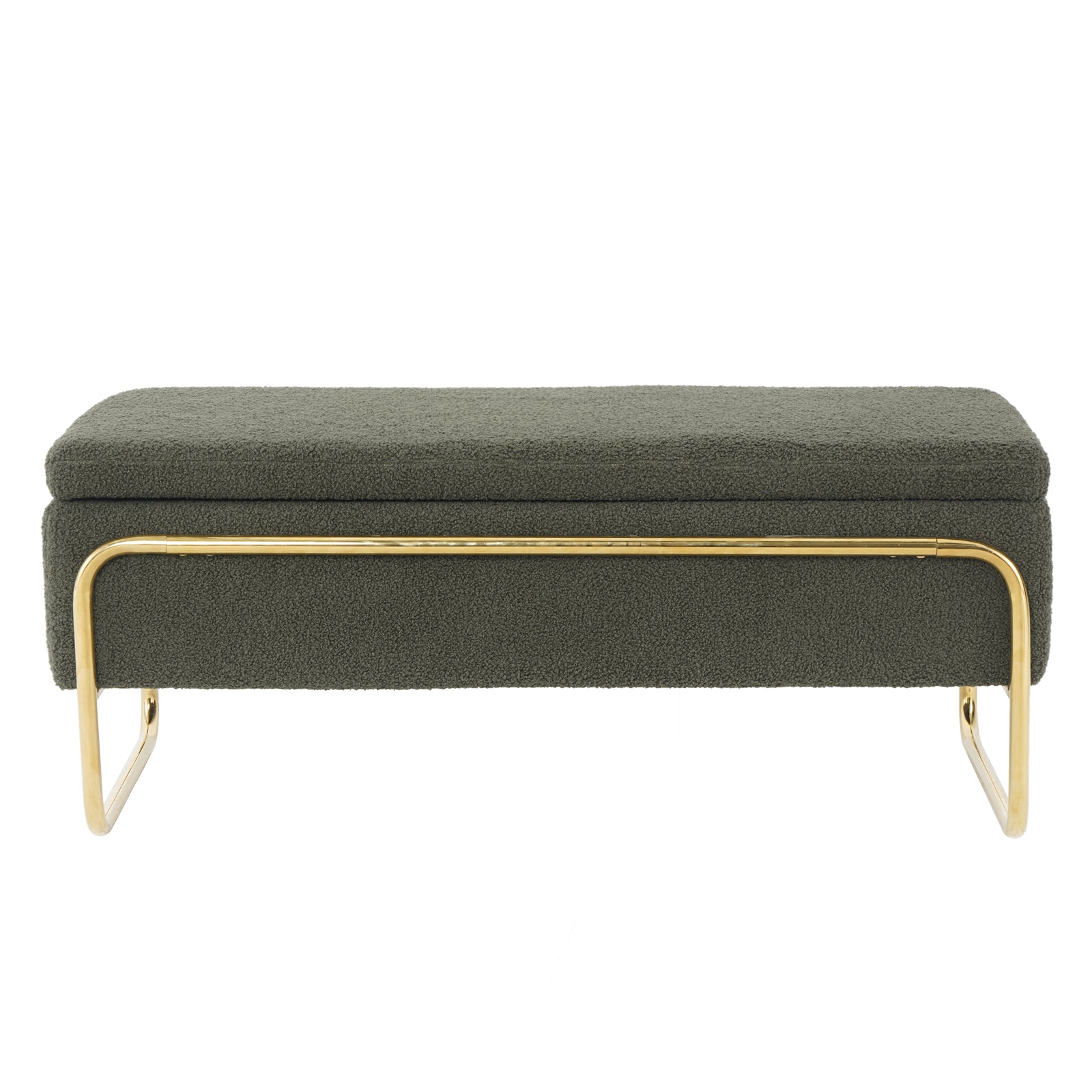 Riane Boucle Storage Ottoman in Green, featuring a muted olive/gray boucle fabric, rectangular design, and tubular metal frame with polished brass legs, offering both style and hidden storage functionality.