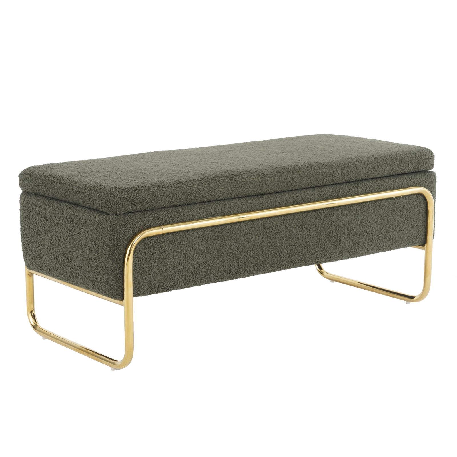 Riane Boucle Storage Ottoman in Green, features a modern rectangular design with plush bouclé upholstery and a polished gold-tone metal frame, showcasing its elegant storage functionality and contemporary style.