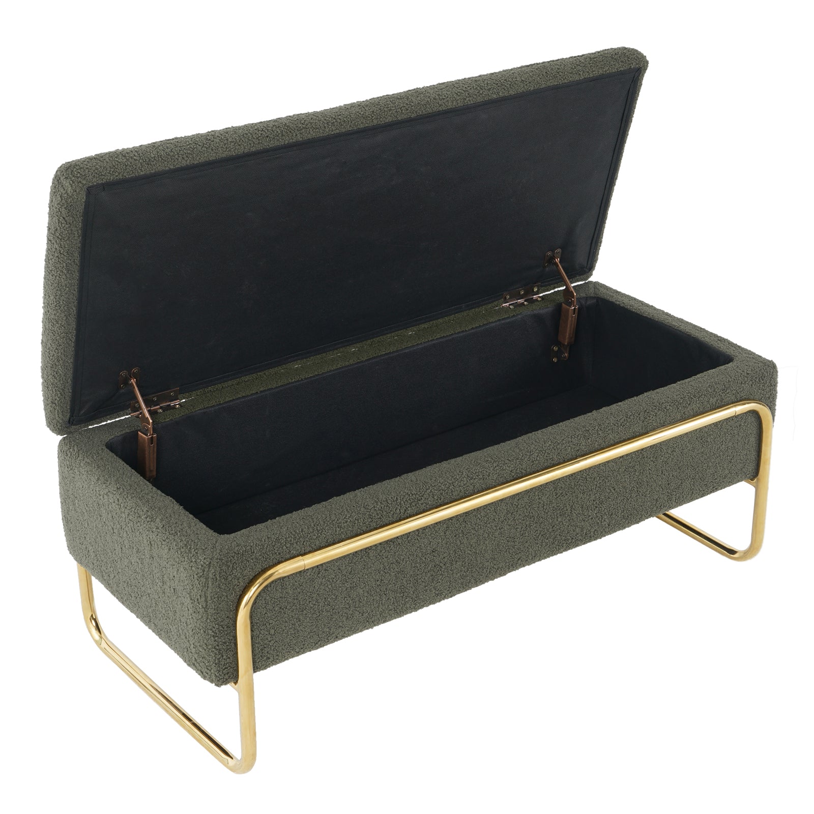 Riane Boucle Storage Ottoman in Green, featuring a rectangular shape, boucle upholstery, hinged top for storage, and slender gold-tone metal legs, offering modern elegance and functionality.