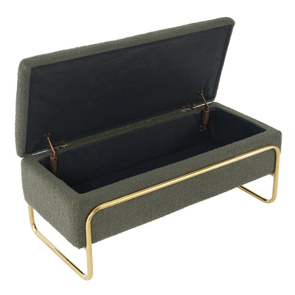 Riane Boucle Storage Ottoman in Green, featuring a rectangular shape, boucle upholstery, hinged top for storage, and slender gold-tone metal legs, offering modern elegance and functionality.