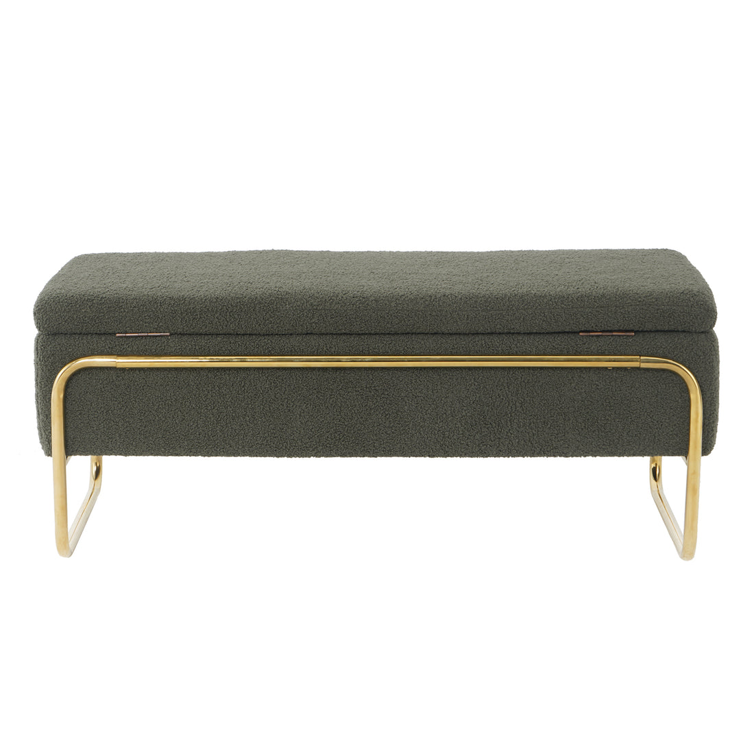 Riane Boucle Storage Ottoman in Green, featuring a textured bouclé fabric, hinged top for storage, and supported by polished brass tubular metal legs and front rail, exuding modern elegance.