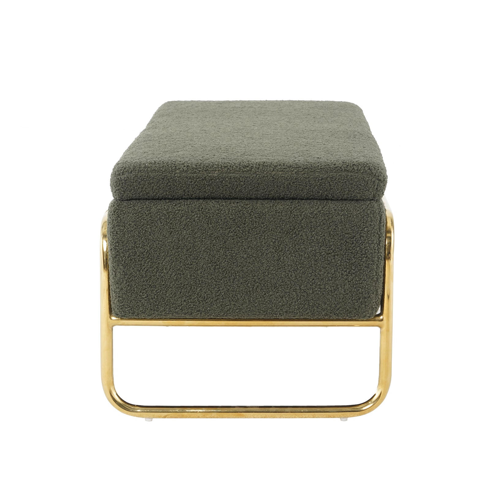 Riane Boucle Storage Ottoman in Green, featuring an olive-green boucle cushion atop a polished brass-tone metal base. The ottoman offers hidden storage, combining modern elegance with practical functionality.