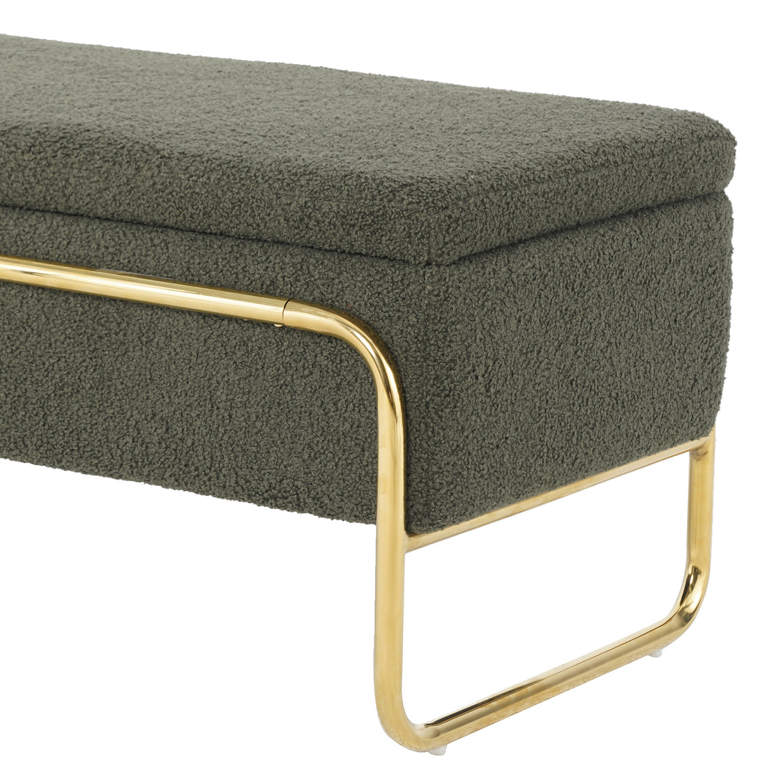 Riane Boucle Storage Ottoman in Green: A low, rectangular ottoman featuring deep olive-green boucle fabric, resting atop a sleek U-shaped polished gold metal frame, highlighting modern elegance and hidden storage.