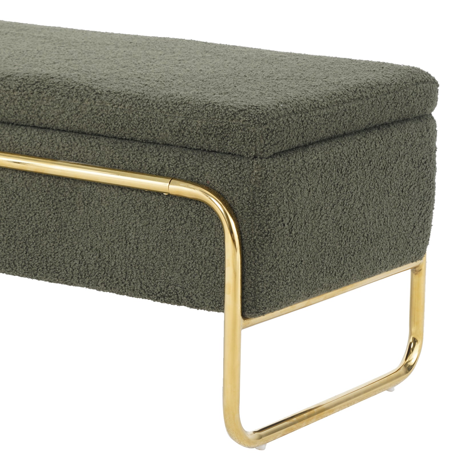 Riane Boucle Storage Ottoman in Green: A low, rectangular ottoman featuring deep olive-green boucle fabric, resting atop a sleek U-shaped polished gold metal frame, highlighting modern elegance and hidden storage.