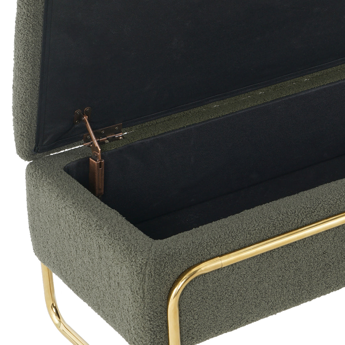 Riane Boucle Storage Ottoman in Green, featuring a textured olive-green bouclé fabric, open lid, tubular gold-tone metal legs, and visible black fabric-lined storage compartment with metal hinge.