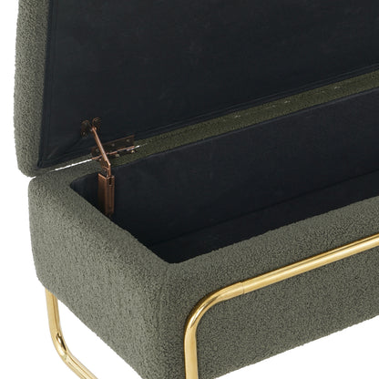 Riane Boucle Storage Ottoman in Green, featuring a textured olive-green bouclé fabric, open lid, tubular gold-tone metal legs, and visible black fabric-lined storage compartment with metal hinge.