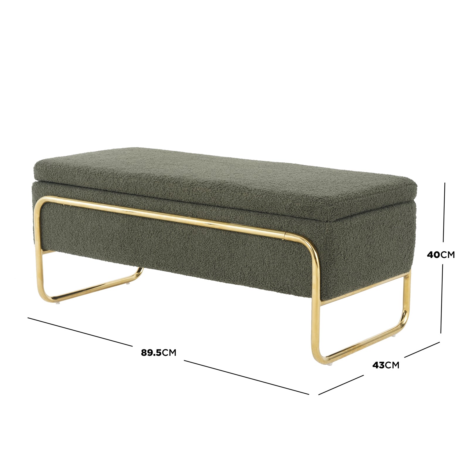 Riane Boucle Storage Ottoman in Green, featuring textured olive-green fabric and a polished gold tubular metal frame with legs. Compact, rectangular design with hidden storage beneath the upholstered seat.