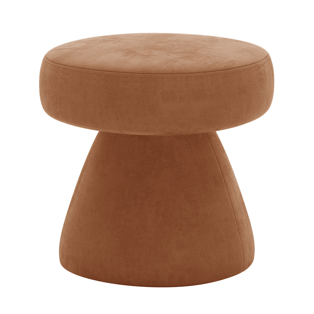 Sadi Velvet Fabric Round Mushroom Ottoman - Burnt Orange with a rounded, padded top and wider base, covered in warm brown fabric, offering a stylish, comfortable, and functional seating option.
