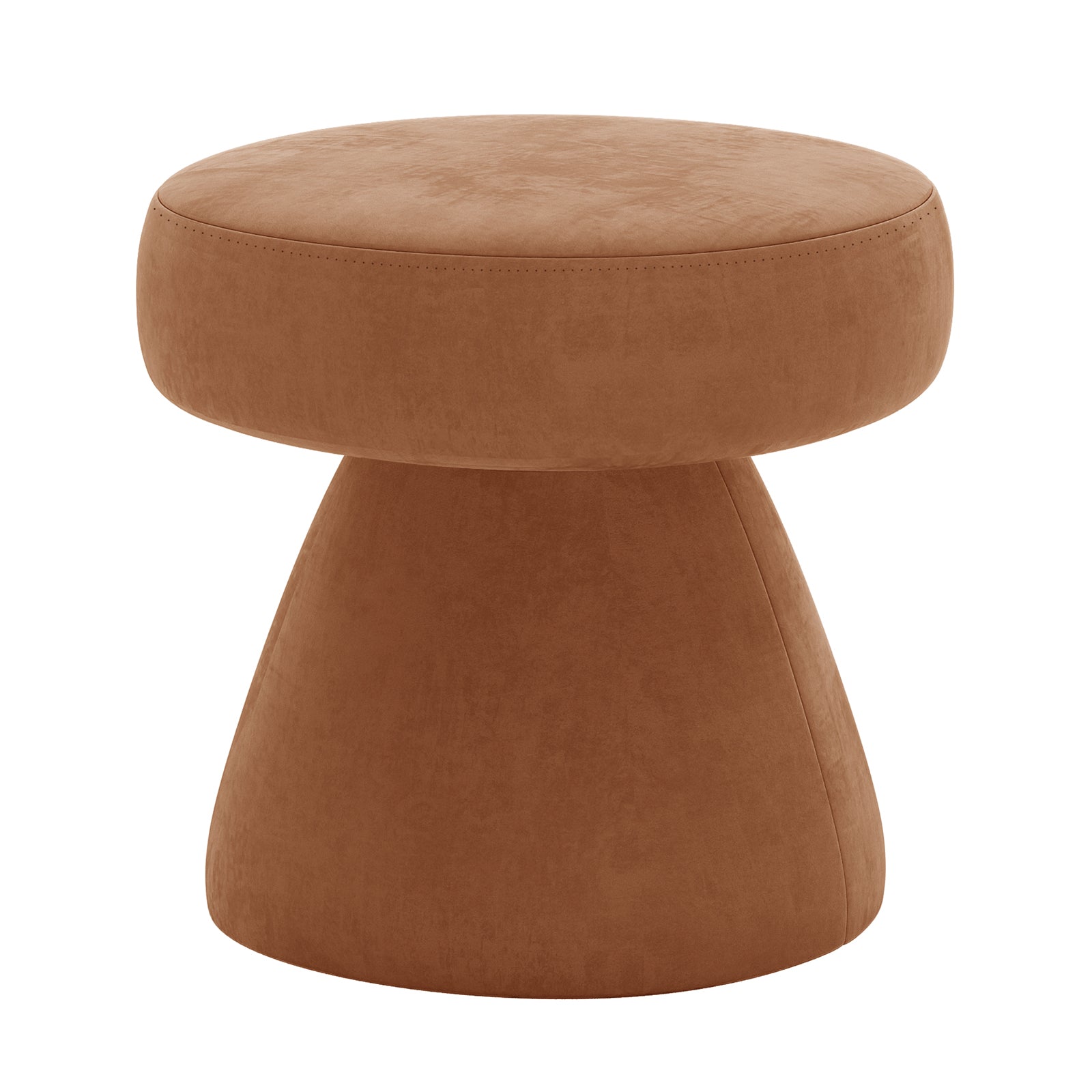 Sadi Velvet Fabric Round Mushroom Ottoman - Burnt Orange with a rounded, padded top and wider base, covered in warm brown fabric, offering a stylish, comfortable, and functional seating option.