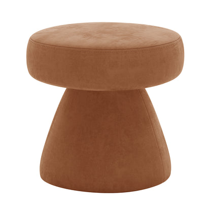 Sadi Velvet Fabric Round Mushroom Ottoman - Burnt Orange with a rounded, padded top and wider base, covered in warm brown fabric, offering a stylish, comfortable, and functional seating option.