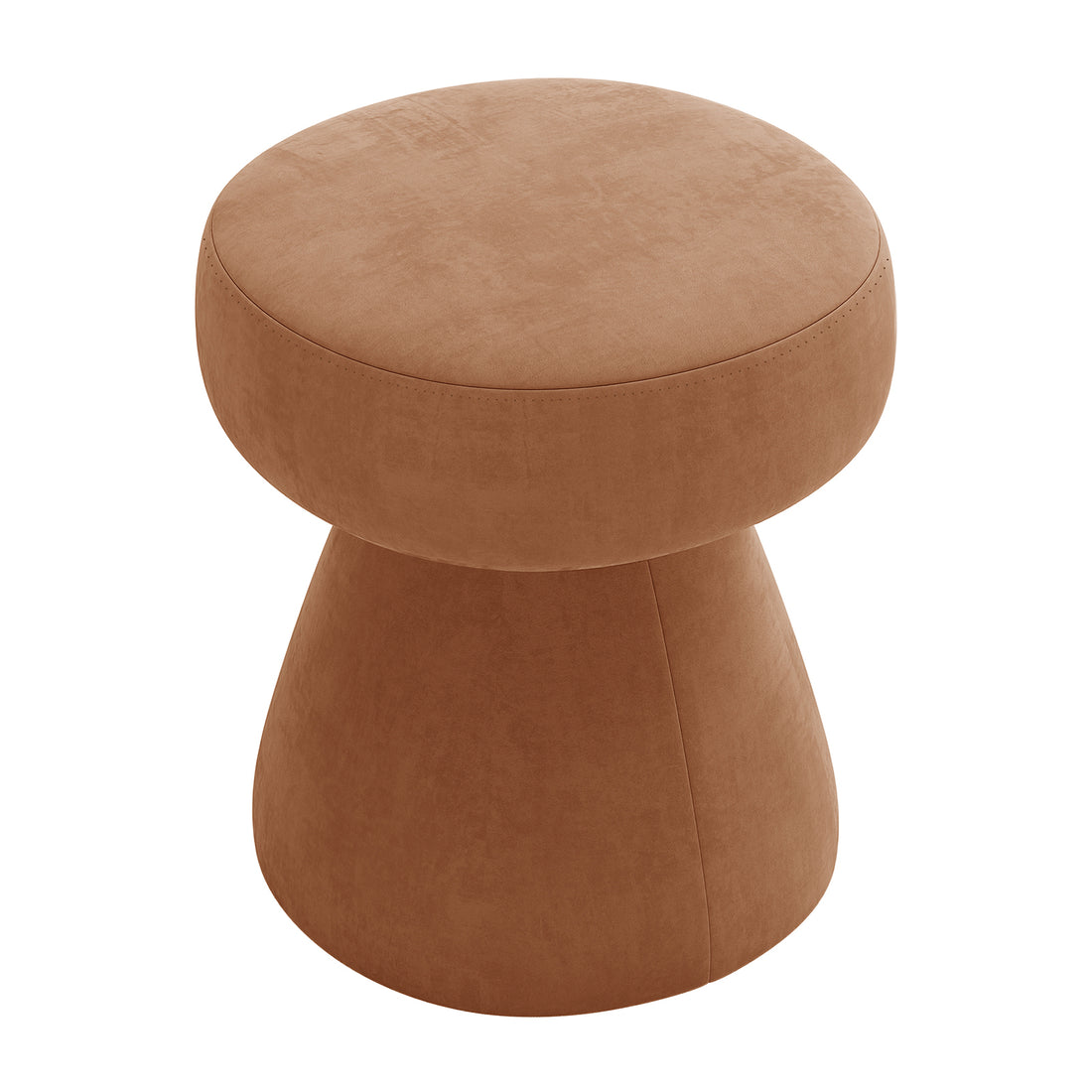 Sadi Velvet Fabric Round Mushroom Ottoman - Burnt Orange, featuring a plush, mushroom-shaped design with a round padded top and conical base, upholstered in soft velvet fabric.