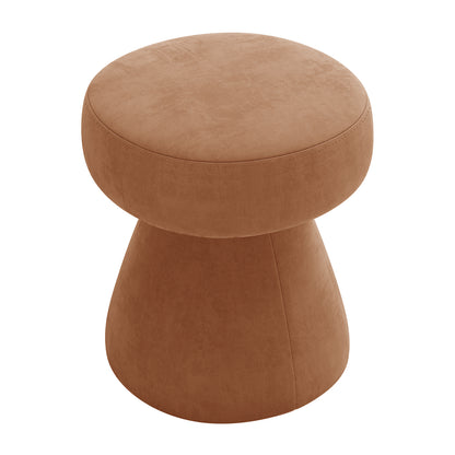 Sadi Velvet Fabric Round Mushroom Ottoman - Burnt Orange, featuring a plush, mushroom-shaped design with a round padded top and conical base, upholstered in soft velvet fabric.
