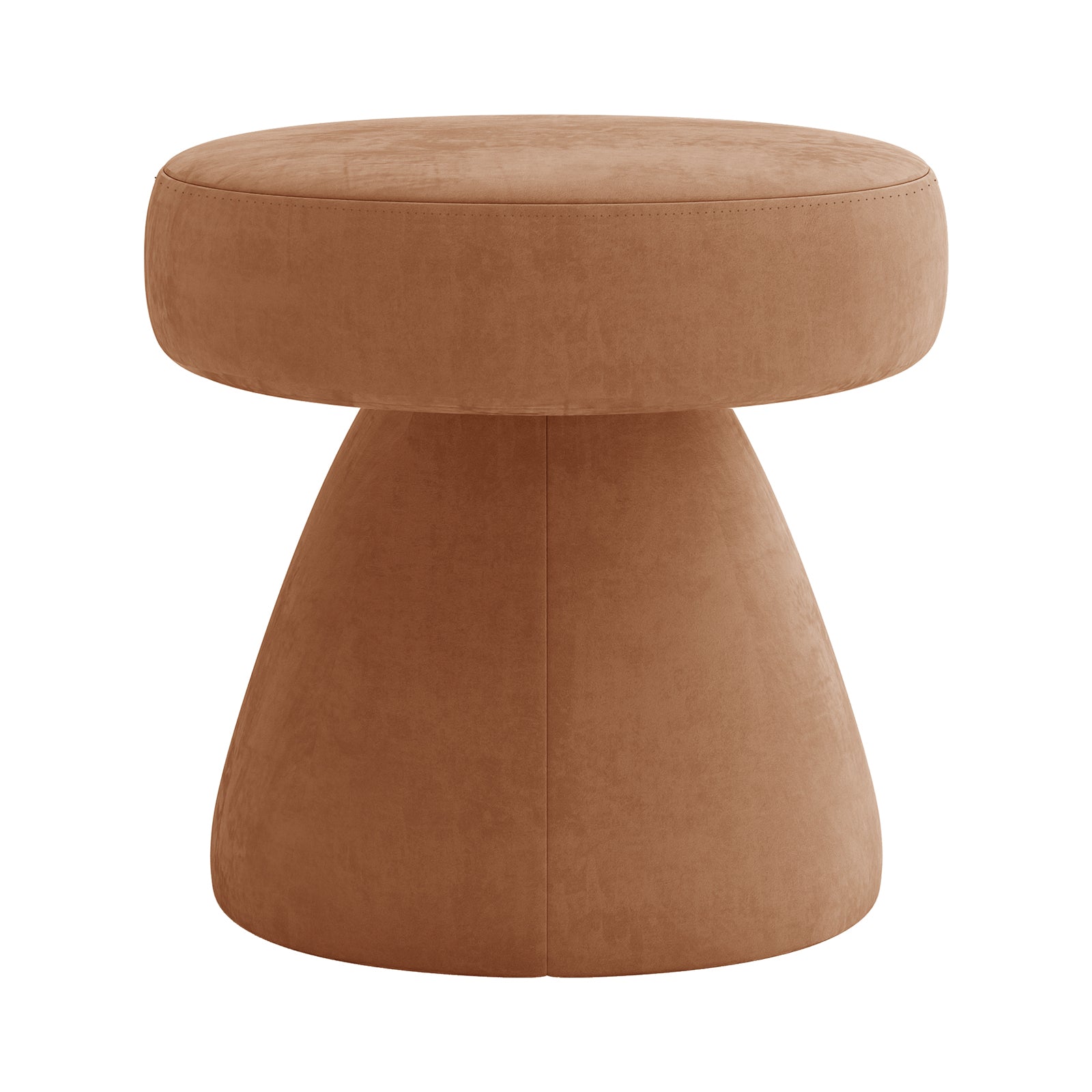 Sadi Velvet Fabric Round Mushroom Ottoman - Burnt Orange features a small, mushroom-shaped design with a plush, cushioned top and flared base, wrapped in smooth, tan upholstery for a stylish, modern touch.