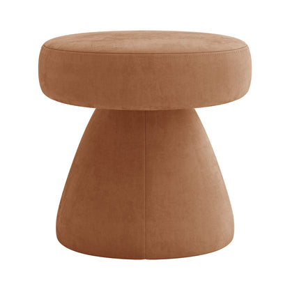 Sadi Velvet Fabric Round Mushroom Ottoman - Burnt Orange features a small, mushroom-shaped design with a plush, cushioned top and flared base, wrapped in smooth, tan upholstery for a stylish, modern touch.