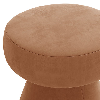 Sadi Velvet Fabric Round Mushroom Ottoman - Burnt Orange features a plush, circular top cushion on a slightly narrower base, embodying a cozy, modern mushroom silhouette with soft, luxurious texture.