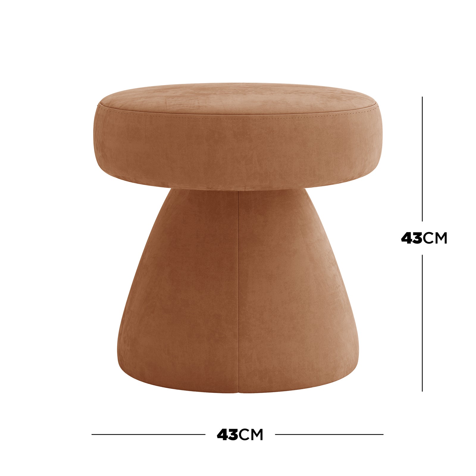 Sadi Velvet Fabric Round Mushroom Ottoman - Burnt Orange, featuring a warm camel-brown suede-look, mushroom-shaped design, plush velvet fabric, and compact size, enhancing any living space with stylish comfort.