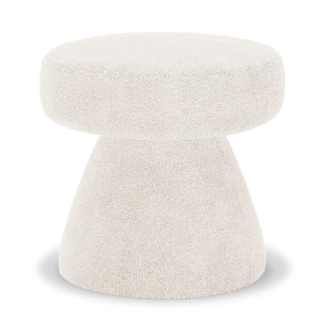 Sadi Bouclé Fabric Round Mushroom Ottoman in Eggshell White; a small, hourglass-shaped ottoman with soft, textured fabric, rounded top, and tapered base, ideal for modern décor.