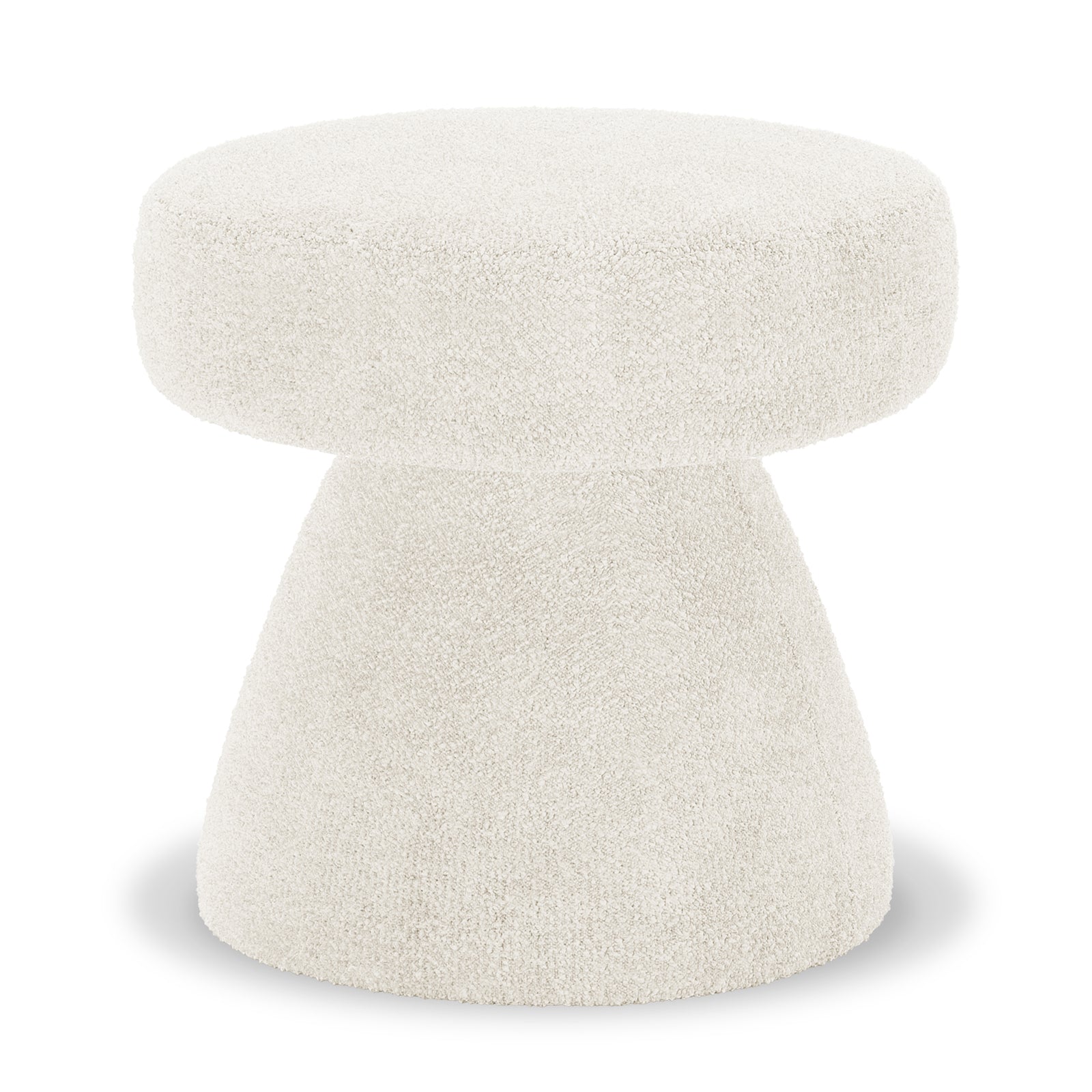 Sadi Bouclé Fabric Round Mushroom Ottoman in Eggshell White; a small, hourglass-shaped ottoman with soft, textured fabric, rounded top, and tapered base, ideal for modern décor.