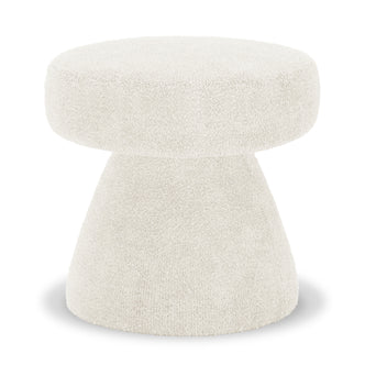 Sadi Bouclé Fabric Round Mushroom Ottoman in Eggshell White; a small, hourglass-shaped ottoman with soft, textured fabric, rounded top, and tapered base, ideal for modern décor.