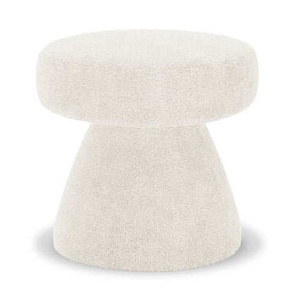 Sadi Bouclé Fabric Round Mushroom Ottoman in Eggshell White; a small, hourglass-shaped ottoman with soft, textured fabric, rounded top, and tapered base, ideal for modern décor.