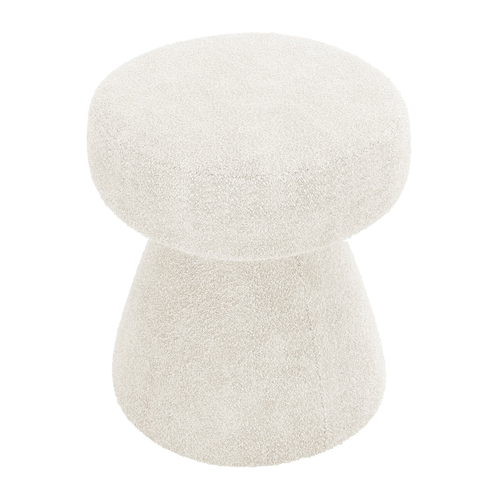 Sadi Bouclé Fabric Round Mushroom Ottoman in off-white, featuring a textured, rounded top and tapered base. Ideal as a stylish footstool or extra seating in modern living spaces.