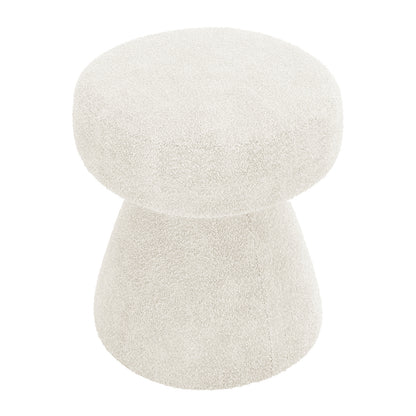 Sadi Bouclé Fabric Round Mushroom Ottoman in off-white, featuring a textured, rounded top and tapered base. Ideal as a stylish footstool or extra seating in modern living spaces.