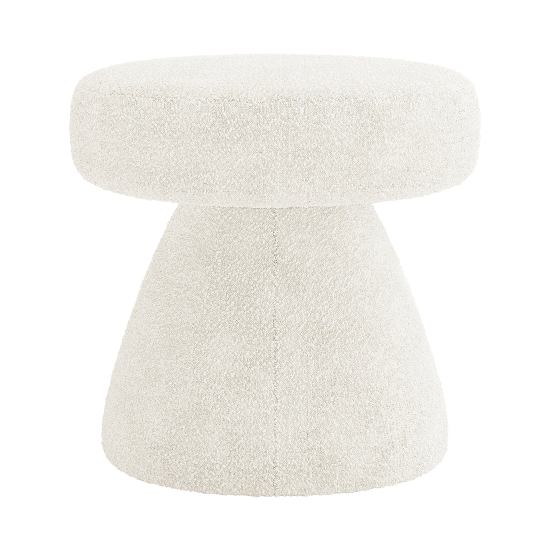 Sadi Bouclé Fabric Round Mushroom Ottoman - Eggshell White: A small, hourglass-shaped ottoman with textured bouclé fabric, featuring a round, overhanging top and flared base for stylish modern living.